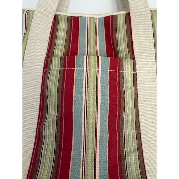 Retired Pottery Barn Large Canvas Tote Boat Bag Stripes Zipper Closer Red Cream - Picture 3 of 16
